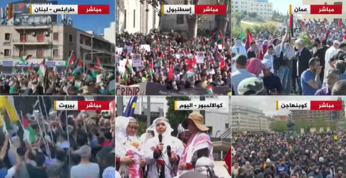 Rallies in support of the Palestinians (clockwise) in Amman, Istanbul, Tripoli in Lebanon, Copenhagen, Kuala Lumpur (Indonesia) and Beirut (al-Jazeera, October 20, 2023). 