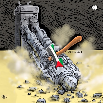 "Hamas crushed the Zionist idol." A cartoon published by the Iranian news agency Fars (October 9, 2023)