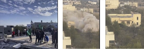 (Right to left): Saleh al-Arouri’s house. Center: the house being blown up. Left: Local residents with Hamas flags come to visit the ruins of the house (QudsN Twitter account, October 31, 2023)