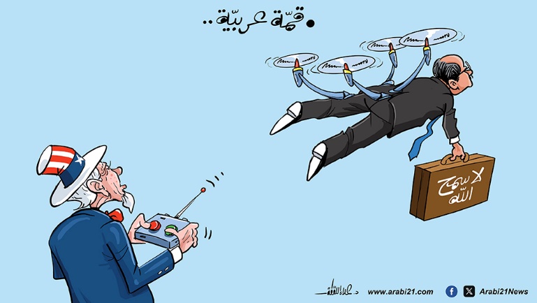 Palestinian cartoon criticizing the summit, which is remotely controlled by the United States. The Arabic text reads, “Arab summit” (Alaa al-Laqta’s Facebook page, November 11, 2023)