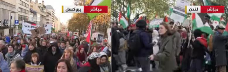 Demonstrations in support of the Palestinians in London and Brussels (al-Jazeera, November 11, 2023)