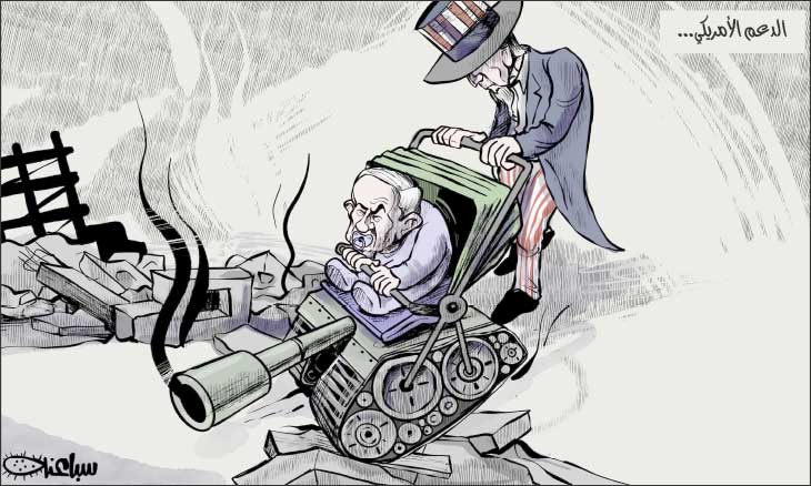 A Palestinian cartoon ridiculing United States aid to Israel and its responsibility for the results of the war in Gaza. The Arabic reads, "American aid..." (al-Quds al-Arabi, November 14, 2023)