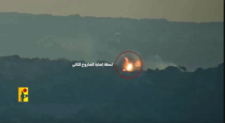 The first anti-tank missile hit a Merkava tank near the Biranit post (Hezbollah's combat propaganda unit Telegram channel, November 17, 2023)