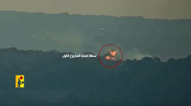 The first anti-tank missile hit a Merkava tank near the Biranit post (Hezbollah's combat propaganda unit Telegram channel, November 17, 2023)