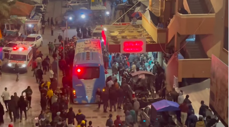 The main entrance to Nasser Hospital in Khan Yunis as patients and evacuees arrive from the Indonesian Hospital in the northern Gaza Strip (ministry of health in Gaza Facebook page, November 21, 2023)