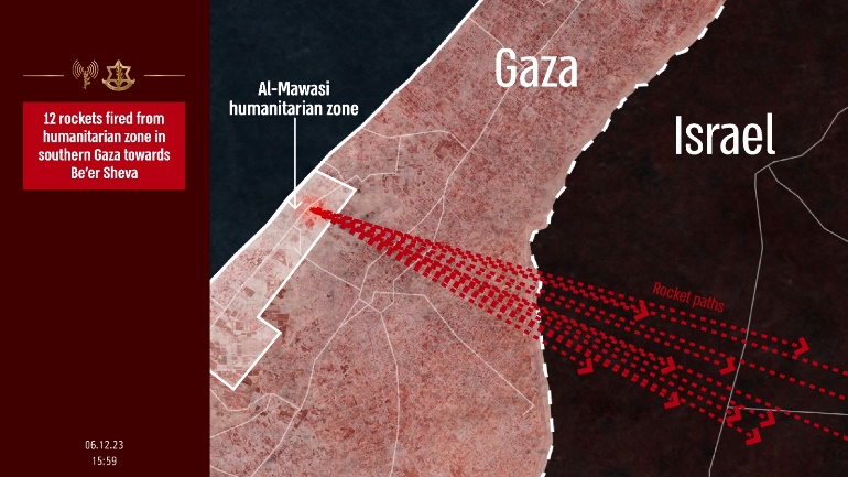 Rockets launched at Israel from the humanitarian zone in the Gaza Strip Israel (IDF spokesperson, December 7, 2023) 