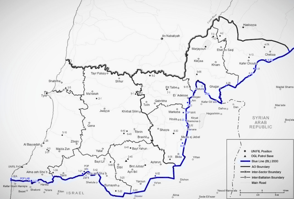 South Lebanon, from the border line (blue) to the Litani River (black) (Wikipedia)