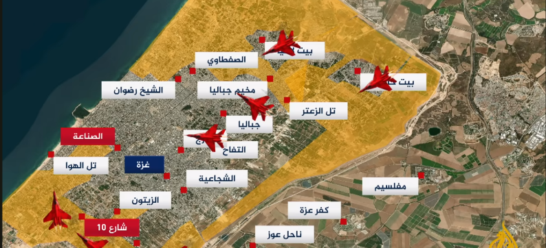 מפה באולפן אלג'זירה המפרטת את פעילות צה"ל בצפון הרצועה וברחבי העיר עזה (מימין), וכיתור ח'אן יונס והכפרים שממזרח לעיר (משמאל) (ערוץ היוטיוב של אלג'זירה, 31 בינואר 2024)