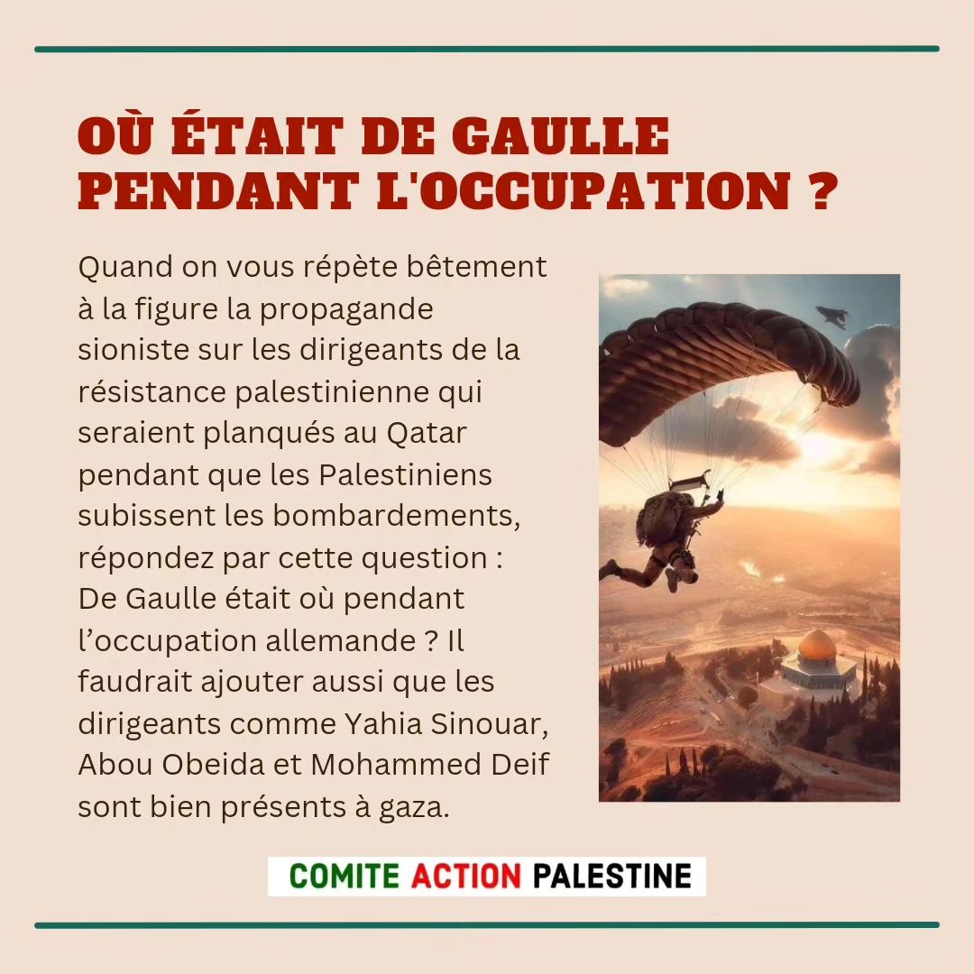 An Action Committee poster with the question, "Where was de Gaulle during the occupation?" and a meme of a Hamas terrorist flying a hang glider to al-Aqsa Mosque, inspired by October 7 (Committee Facebook page, January 15, 2024)