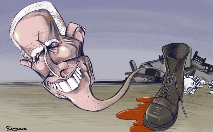 Palestinian cartoon condemning President Biden's support for Israel's war in the Gaza Strip (Muhammad Sabaaneh’s Facebook page, February 20, 2024)