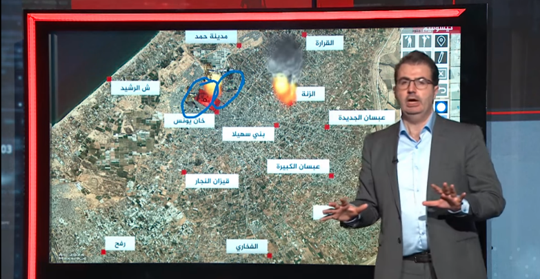 כתב ערוץ אלג'זירה מסביר על פעילות צה"ל בדרום-מערב העיר עזה (מימין) ופעילות כוחות צה"ל בצפון-מערב ח'אן יונס ובמזרחה (משמאל) (ערוץ היוטיוב של אלג'זירה, 4 במרץ 2024)