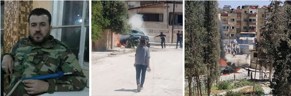 Right and center: The vehicle on fire. Left: Iyad al-Saleh Shabakat Nidaa al-Farat X account; Thawra X account, May 5, 2024)