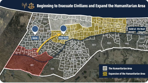 The plan to evacuate residents from the east of Rafah towards the expanded humanitarian zone in Mawasi in Khan Yunis (IDF spokesperson's X account, May 6, 2024)