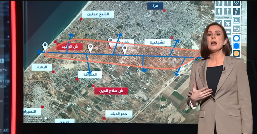 An al-Jazeera presenter describes IDF activities in the central Gaza Strip and the forces' control over the east-west route dividing the Gaza Strip (al-Jazeera YouTube channel, May 5, 2024)