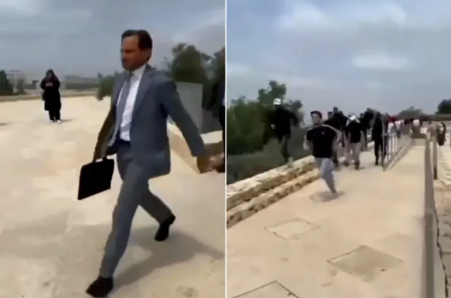 The German representative rushes away from Birzeit University, followed by a group of students (Aljazeera.net, May 1, 2024). 