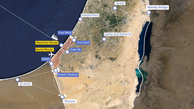 The map of the humanitarian routes to the Gaza Strip (COGAT X account, May 17, 2024)