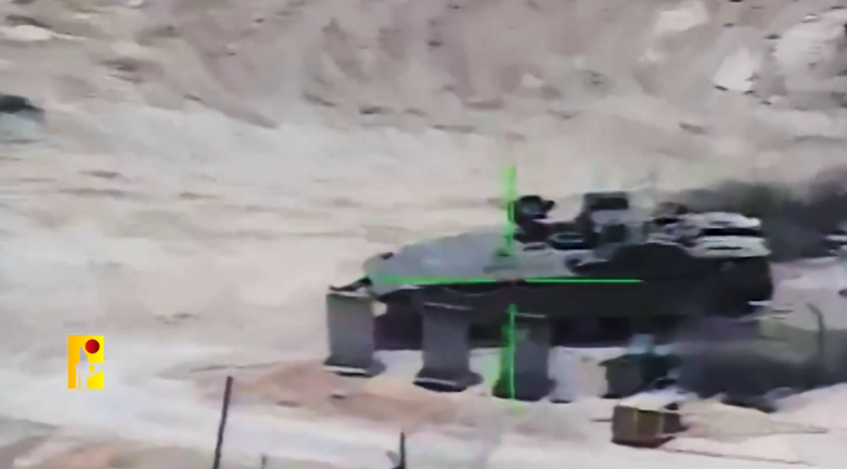 An anti-tank missile about to hit an IDF engineering APC (Hezbollah combat information Telegram channel, May 25, 2024)