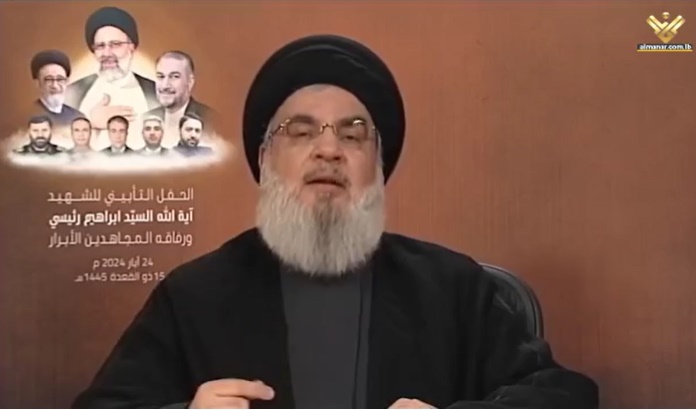 Hassan Nasrallah during the speech (al-Manar, May 24, 2024)