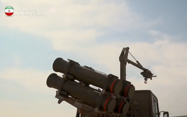 A four-barrel Falaq-2 rocket launcher mounted on an all-terrain vehicle.