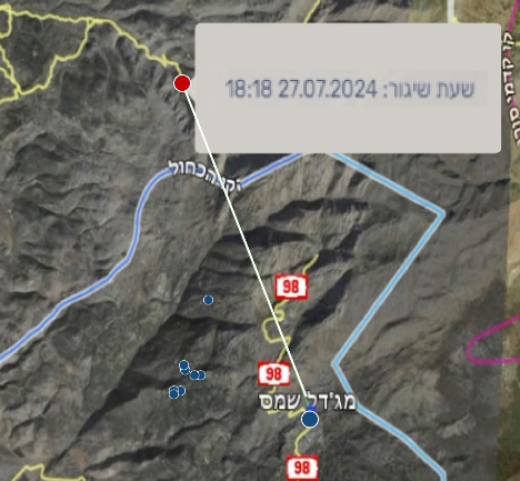 The trajectory of the rocket that hit Majdal Shams (IDF spokesperson, July 28, 2024).