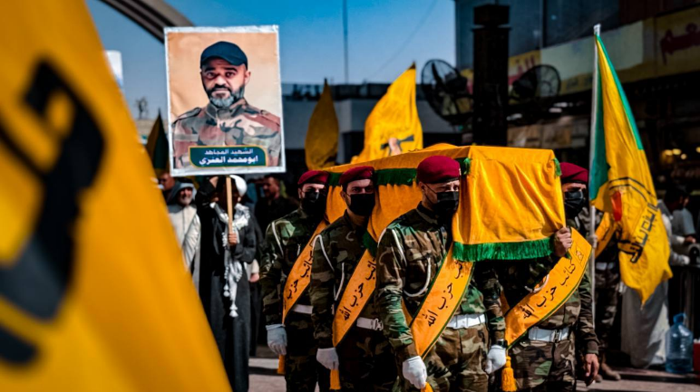 Kata'ib Hezbollah operatives carrying al-Khafaji’s coffin (Saberin News Telegram channel, September 23, 2024)