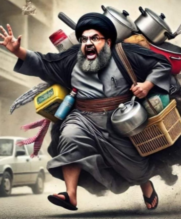 Cartoon of Nasrallah fleeing the battlefield (Sami al-Murshed's X account, September 25, 2024)