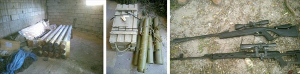 Some of the weapons located in villages in south Lebanon: (right to left) sniper rifles, anti-tank guided missiles (Fagot guided missiles[3]) and Katyusha rockets (IDF spokesperson, October 12, 2024)