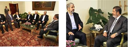 Khaled Mashaal and the Hamas delegation meet with new Egyptian president Mohamed Morsi (Pictures from the Hamasinfo.net website, July 10, 2012).