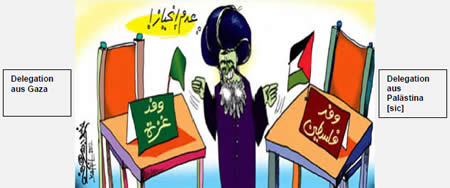 Eine in Al-Quds erschienene Karikatur zur Konferenz in Teheran –der iranische Führer blickt erfreut auf die innerpalästinensische Spaltung (Al-Quds, 26. August 2012)