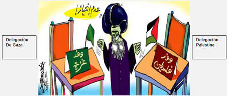 Caricatura que se publicó en la prensa palestina en vista del Congreso de los Países no Alineados en Teherán: el líder de Irán está satisfecho con la división palestina-interna (el Quds,26 de agosto de 2012). 