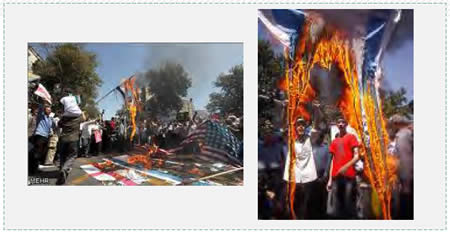 The traditional burning of Israeli and American flags on World Jerusalem Day in Tehran (Pictures from the Mehr News Agency, Iran).