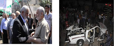 Left: Isma’il Haniyah on a condolence visit in Rafah (Hamas forum, September 22, 2012). Right: the vehicle driven by the terrorists after being hit (Felesteen al-Aan, September 19, 2012).