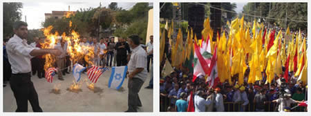 Droite: Manifestation de protestation à Baalbek (Al-Intiqad, Liban, 21 septembre 2012). Gauche : Incendie des drapeaux israéliens et américains à la manifestation à Akkar au Nord du Liban (Al-Intiqad, Liban, 23 septembre 2012)