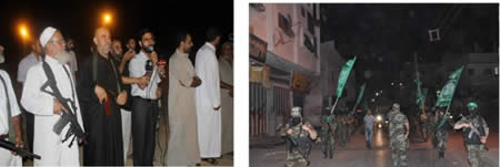 Left: Dr. Mohammed Shihab carrying a Kalashnikov (Felesteen al-Aan, September 19, 2012). Right: the night rally held by the Izz al-Din al-Qassam Brigades in Jebaliya.