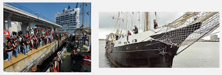 Left: Reception for the Estelle in the port of Naples. Right: The Estelle anchored in Naples (Izz al-Din al-Qassam Brigades website, October 14, 2012).