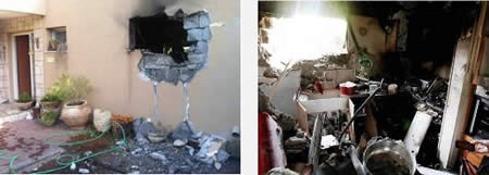 Left: A house in a western Negev village takes a direct hit (Sderot Media Center, November 17, 2012). Right: A house in the western Negev takes a direct hit (Photo by Edi Israel, courtesy of NRG, November 17, 2012).