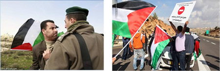 Left: Abdallah Abu Rahma confronts an Israeli Border Policemen at one of the demonstrations in Bila'in against the security fence (Al-Riyadh, Saudi Arabia, February 10, 2012). Right: Abu Rahma heads a group of Palestinian activists blocking one of the main roads in near Ofra (north of Ramallah) in Judea (Ramallah Land forum, November 19, 2012).