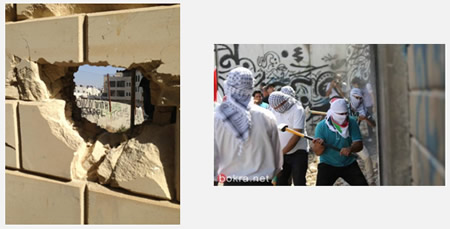 Popular committee operatives use sledgehammers to break through the security fence in the region of Abu Dis (Bukra.net, July 9, 2013).