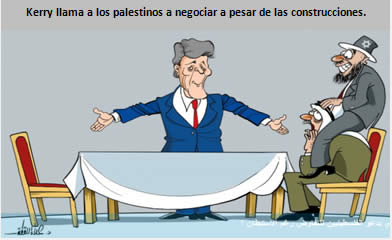 Caricatura en un periódico de Hamás burlándose de los esfuerzos del Ministro de Relaciones Exteriores norteamericano Kerry, para devolver a los palestinos a la mesa de negociaciones (Palestine, 13 de agosto de 2013)