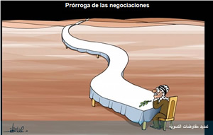 La prórroga de las negociaciones: Caricatura en un periódico de Hamás que se burla de la intención de prolongar las negociaciones con Israel (Palestina, 1 de marzo de 2014)