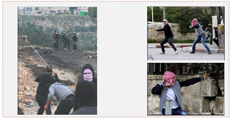 Links: Palästinenser bewerfen im Dorf Kadum israelische Sicherheitskräfte mit Steinen (Wafa Nachrichtenagentur, 14.März 2014). Rechts: Inder Nähe des Rachelgrabes  in Bethlehem greifen Palästinenser IDFKräfte an (Wafa Nachrichtenagentur, 11. März 2014). 