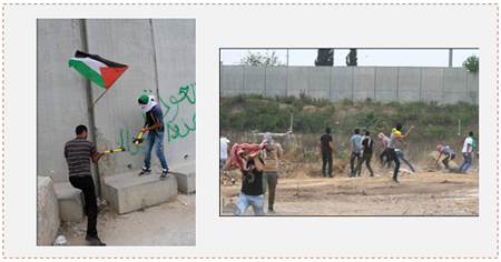 Droite : Palestiniens opposés aux forces de Tsahal près de la barrière de sécurité à Tulkarem. Gauche : Jeunes Palestiniens saccageant la barrière de sécurité avec des marteaux (Wafa, 31 mai 2014)