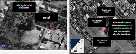 Left: A military-terrorist installation near a school is attacked (IDF Spokesman, July 9, 2014). Right: Attack on a weapons storehouse located in the house of a Palestinian Islamic Jihad operative in Khan Yunis. 