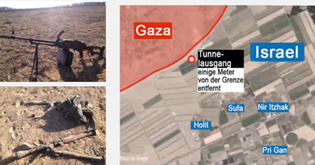 Links. Ein Teil der Waffen, die vor Ort entdeckt wurden (IDF Sprecher, 17. Juli 2014). Rechts: Geografische Lage des Tunnelausgangs. 