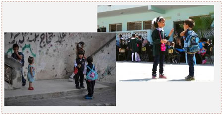 On the right: pupils in the Gaza Strip on their way to school (Palestine al-Youm, September 14, 2014). On the left: Pupils at school (Wafa, September 14, 2014). 