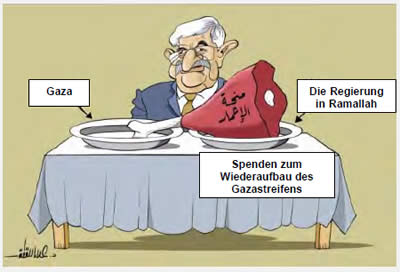 Spannungen zwischen der Hamas und der PA in Bezug auf den Wiederaufbau:  Karikatur, in der Mahmud Abbas die Spenden für den Wiederaufbau des Gazastreifens zugunsten der Regierung nach Ramallah überführt (Felesteen, 16. Oktober 2014)