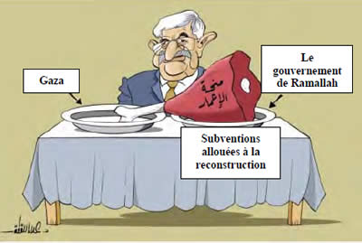 Tensions entre le Hamas et l'AP au sujet de la reconstruction : Caricature présentant Mahmoud Abbas comme plaçant les subventions pour la reconstruction de la bande de Gaza au profit du gouvernement de Ramallah (Felesteen, 16 octobre 2014)