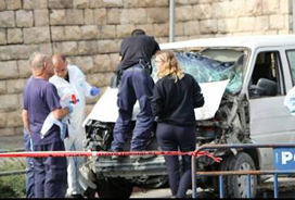 The vehicle used in the terrorist attack that killed two Israelis and wounded twelve (Facebook page of the Israel Police Force, November 5, 2014)