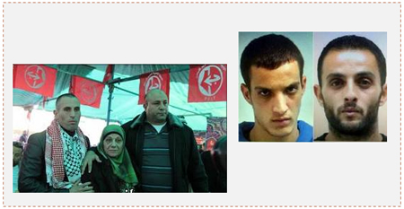 Links: Dschamal Abu Dschamal (links) bei seiner Entlassung aus einem israelischen Gefängnis. Im Hintergrund sind Fahnen der Volksfront zu sehen (PANET 4. Januar 2014) Rechts: Die beiden Terroristen Ghassan Abu Dschamal und Udai Abu Dschamal, die Angreifer in der Synagoge (Facebook-Seite von QudsN, 18. November 2014)