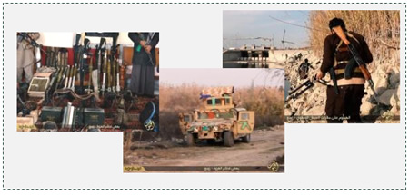 Documentation of the takeover of the Iraqi Army headquarters near Abu Ghraib. Left: Seized Iraqi Army military equipment and weapons. Center: Iraqi Army armored vehicle that fell into the hands of ISIS. Right: Armed ISIS operative (Isdarat al-Dawla al-Islamiyya, January 3, 2015)